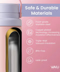 Portable Breast Milk Cooler Keeps Infant Formula And Breastmilk Icy Fresh For Up To 15 Hours With Triple Wall Vacuum Insulation Stainless Steel Build And Bpa Free Bottle Plus Ice Pack For No Sweat Road Trips close-up showing food-grade stainless steel and pink finish.
