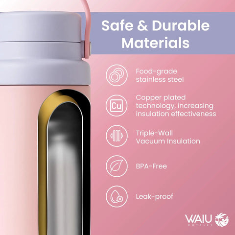 Portable Breast Milk Cooler Keeps Infant Formula And Breastmilk Icy Fresh For Up To 15 Hours With Triple Wall Vacuum Insulation Stainless Steel Build And Bpa Free Bottle Plus Ice Pack For No Sweat Road Trips close-up showing food-grade stainless steel and pink finish.