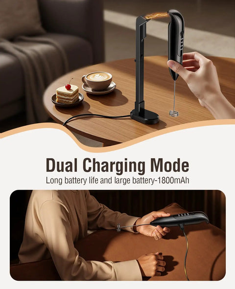 Person using Rechargeable Electric Milk Frother Handheld 3 In 1 With LED Display And Wireless Charging 3 Speeds
