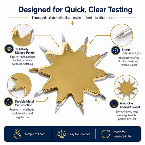Mohs Hardness Test Kit With 1 To 10 Scale Pen And Ten Star Grip Pro Grade Rock Gemstone Mineral Hardness Tester For Geologists Collectors And Hobbyists, gold metal tool with numbered tips