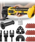 Side view of cordless oscillating multitool with yellow/black body and 22-piece accessory kit (blades, sanding pads)