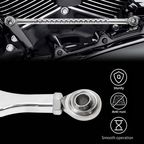 Chrome Gear Shift Linkage Replacement For Harley Softail Dyna Touring Road King Electra Street Glide Tri Glide 1986 And Later Billet Aluminum Build Smooth Shifting Easy Adjustment Slick Chrome Finish, chrome billet linkage close-up