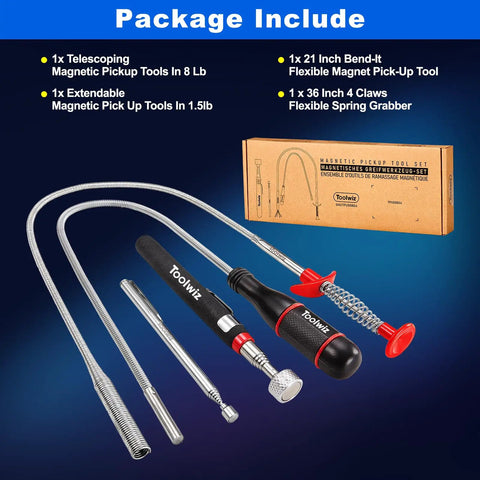 4 In 1 Magnetic Pickup Tool Set With Extendable Grabber And Flexible Claw 8 Lb Heavy Duty Magnet Bendable Spring Magnet Stick For Car Repair Garage Workshop And Home Use
