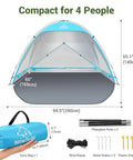 Large Beach Tent Sun Shelter For Three To Four People With UPF 50 Plus UV Protection and 360 Degree Ventilation, blue