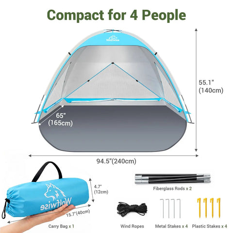 Large Beach Tent Sun Shelter For Three To Four People With UPF 50 Plus UV Protection and 360 Degree Ventilation, blue