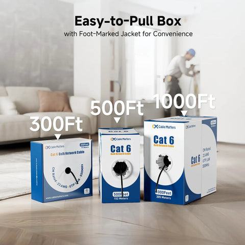 UL Listed 10Gbps In Wall Cat6 Cable 23 AWG Bare Copper Solid Bulk Ethernet Cord 500 Ft UTP CM Rated Blue box in living room