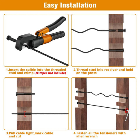Installation guide for Black Sleek Hidden Cable Railing Hardware Kit For 2x2 Posts, showing cable threading and fastening steps.