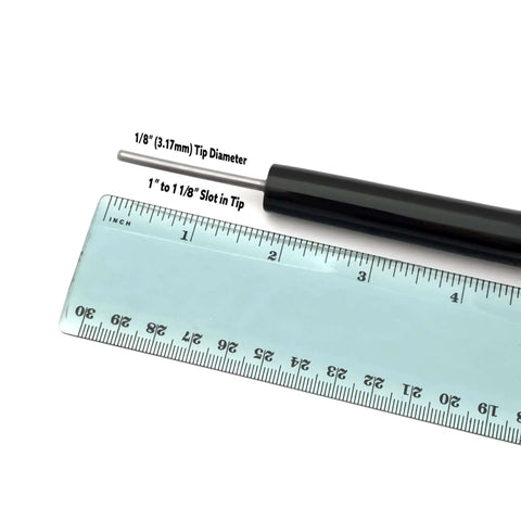Handmade Paper Bead Roller For Quilling, Stainless Steel Tip With One Eighth Inch Diameter next to ruler for size comparison.