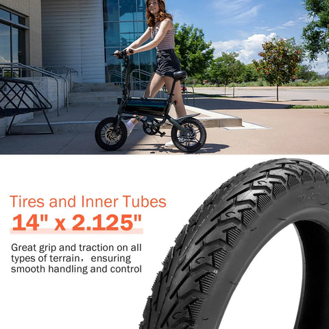 14x2.125 Inch Tire And Tube Set For 57-254 E-Bike Replacement Tires Pack Of 2 Sets With Non Slip Deep Tread To Beef Up Your Ride Fits Folding Electric Bikes E Trikes Scooters And 14 Inch Wheel Applications, 14x2.125 tire close-up
