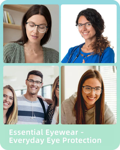 Safety glasses collage showing four people wearing square, anti-fog eyewear for everyday protection