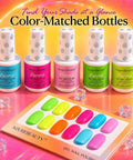 Six Color Neon Gel Nail Polish Set 15ml HEMA Free Soak Off UV LED Kit with shade display card and bottles, Purera brand.