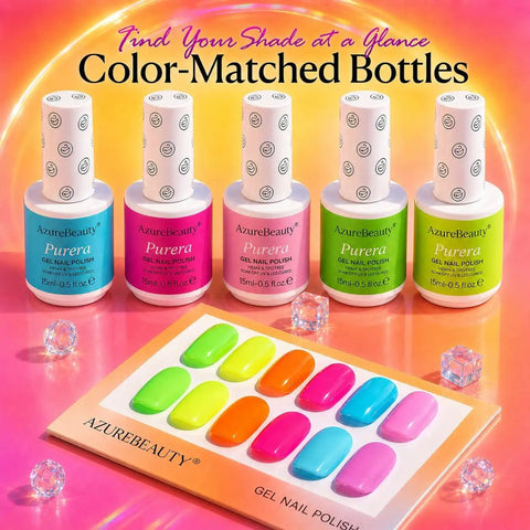 Six Color Neon Gel Nail Polish Set 15ml HEMA Free Soak Off UV LED Kit with shade display card and bottles, Purera brand.