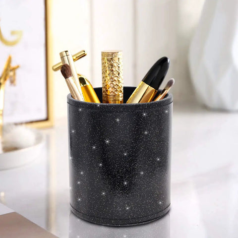 Glitter Desk Pen Holder Organizer For Office And Home Leather Look Pencil Cup with makeup brushes, bling sparkle finish