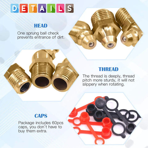 180Pcs SAE Brass Hydraulic Grease Fittings Kit Pro Grade with red black caps, showing head design, thread details, and caps.