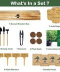 Complete Bonsai Tree Kit for Beginners, DIY Starter Set With 4 Exotic Species Jacaranda Flame Tree Japanese Black Pine and More, Ideal Gift for Mom Women Men Grandkids Who Love Gardening and Crafts showing contents including wooden box, jute bags, gardening tools, scissors, soils, instruction guide, plant markers, and seeds packs