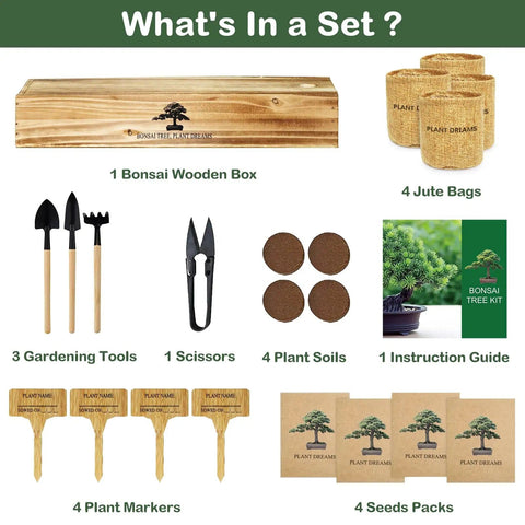 Complete Bonsai Tree Kit for Beginners, DIY Starter Set With 4 Exotic Species Jacaranda Flame Tree Japanese Black Pine and More, Ideal Gift for Mom Women Men Grandkids Who Love Gardening and Crafts showing contents including wooden box, jute bags, gardening tools, scissors, soils, instruction guide, plant markers, and seeds packs