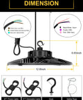 Dimensions and wiring of UFO LED High Bay Light With Adjustable Wattage 80W 100W 150W, 3000K 4000K 5000K CCT, 0-10V Dimmable, IP65 Waterproof, UL Listed, 21000 Lumen, AC100-277V, Ideal For Warehouses And Factories, showing 12.6-inch diameter and wiring details.