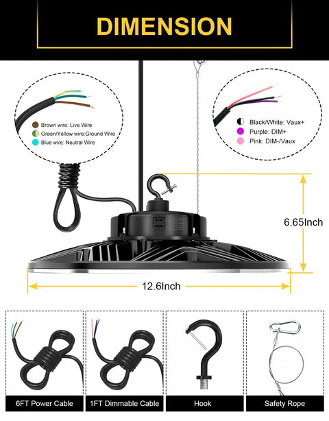 Dimensions and wiring of UFO LED High Bay Light With Adjustable Wattage 80W 100W 150W, 3000K 4000K 5000K CCT, 0-10V Dimmable, IP65 Waterproof, UL Listed, 21000 Lumen, AC100-277V, Ideal For Warehouses And Factories, showing 12.6-inch diameter and wiring details.