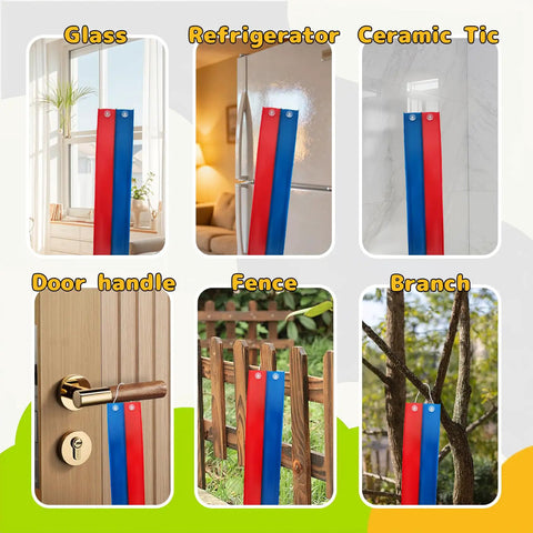 Flexible Sixteen Point Four Foot Bendable Race Track Set With Suction Cups in various use on glass, fridge, tile, door handle, fence, branch