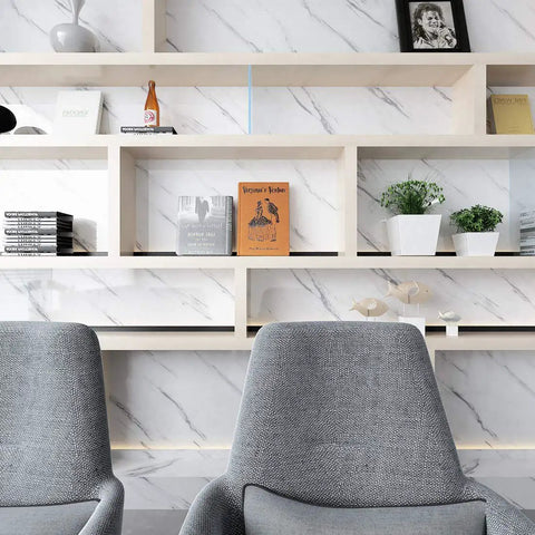 Marble Look Countertop Contact Paper Peel And Stick Vinyl Roll 36 Inch Wide Waterproof Wallpaper for stylish shelf backdrop.