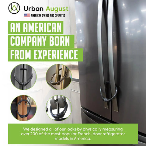 4 Digit Combo Fridge Lock For Kids And Adults, Easy To Use Cabinet Lock For French Door Refrigerators shown on fridge handle.