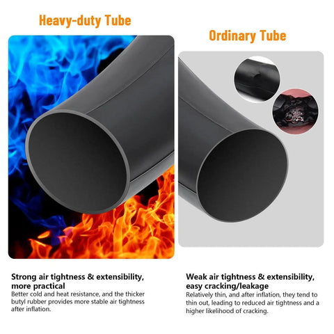 Comparison of heavy-duty tube and ordinary tube, highlighting durability and design features, for Heavy Duty 20x4 Fat Tire Inner Tubes For E Bikes And Mountain Bikes With Schrader Valve Fits 20x3.5 To 4.0 Inch Wheels Extra Thick Durable Tubes Built For Fat Tire Rides 2 Pack.
