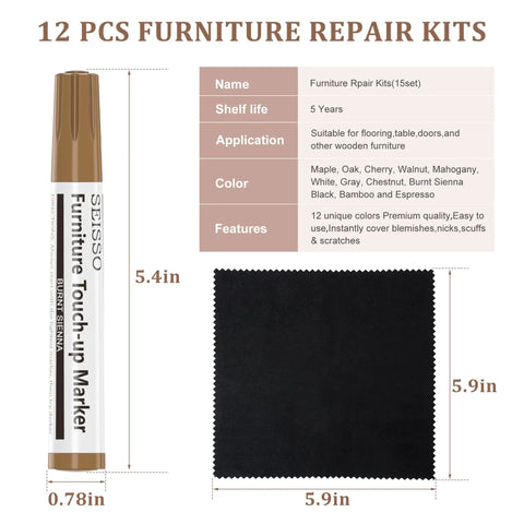 Top Drawer Wood Furniture Touch Up Markers Set Comes With Twelve Realistic Blend Pens Plus A Suede Rag displayed with size details.