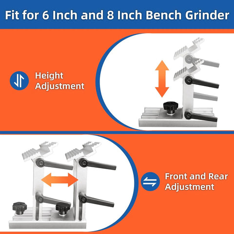 Adjustable Bench Grinder Tool Rest Sharpening Jig For 6 Inch And 8 Inch Grinders showing height and front-rear adjustment features