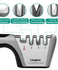 Top Shelf Four Stage Knife Sharpener Kit With Cut Resistant Glove Game Changing Edge Restorer for quick daily kitchen use, showing various sharpening slots.