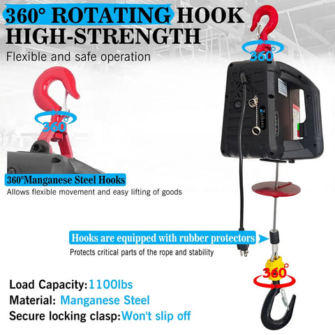All In One 3 In 1 Electric Portable Hoist Winch 1500W Heavy Duty Lift with 360-degree rotating hook and wire control