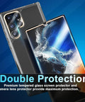 Galaxy S22 Ultra Screen Protector And Lens Guard Bundle showcasing installed screen and camera lens protectors, HD tempered glass.