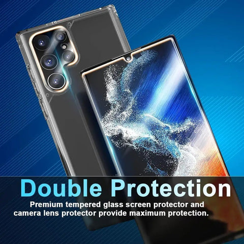 Galaxy S22 Ultra Screen Protector And Lens Guard Bundle showcasing installed screen and camera lens protectors, HD tempered glass.