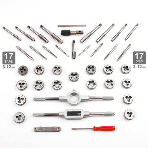Tap and die set, 40-piece metric M3–M12 with handles and case; includes coarse and fine threads.