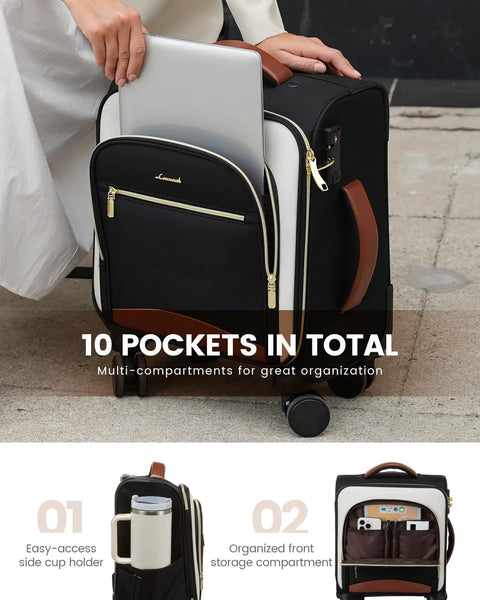 Underseat Carry On Luggage With Wheels 16 Inch Softside Spinner 18 By 14 By 8 Inches Travel Bag With TSA Lock front view
