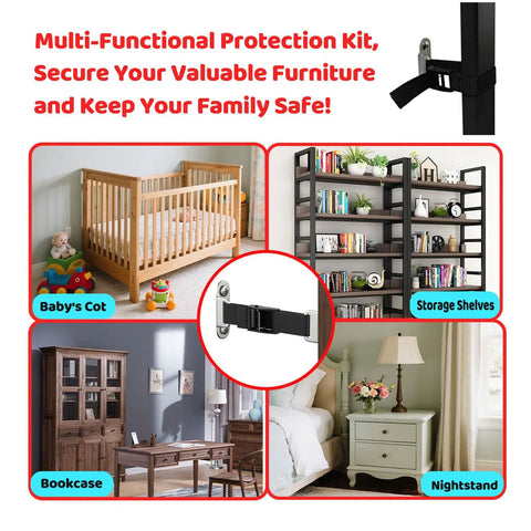 Heavy Duty Furniture Wall Anchors For Baby Proofing With Solid Anti Tip Grip To Keep Little Explorers Safe And No Sweat Mount For Couches Dressers Bookshelves Plus Rugged Steel Plates For Total Lock Down displayed with a baby's cot, storage shelves, bookcase, and nightstand.