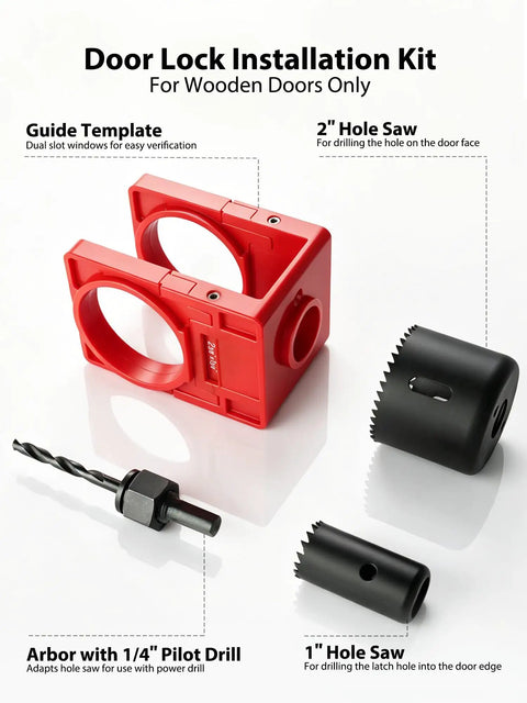 2-in-1 Door Hinge Jig and Lock Hole Drilling Kit, Adjustable Aluminum Router Template for wooden doors, with drilling tools.
