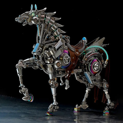 Steampunk Mechanical Horse Puzzle Kit With Movable Joints, 1500 Plus Stainless Steel Parts, side view of intricate gearwork.