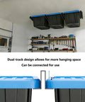 Overhead Garage Storage Rack Set, Heavy Duty Adjustable Ceiling Bin Storage Rail System With Connectable Metal Tote Slide Rails For Garage Organization, Hanging Shelves, Space Saving Sixteen Piece, Black installed in garage with bins attached to ceiling.