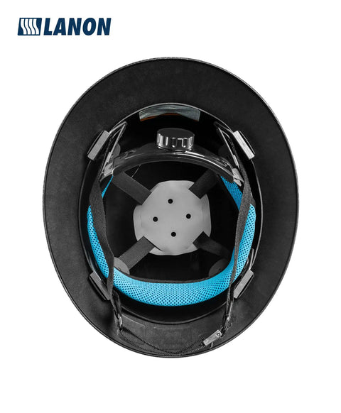 Interior view of Full Brim FRP Safety Hard Hat With 4 Point Adjustable Ratchet Suspension, OSHA Compliant Type I Class C, Premium Grey Dots Design