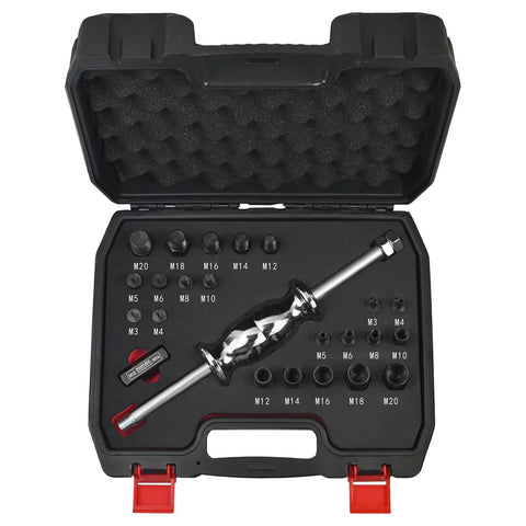 24-Piece Slide Hammer Kit For Auto Repair And Dismantling, Dowel Pin Puller with universal threaded adapters in black case