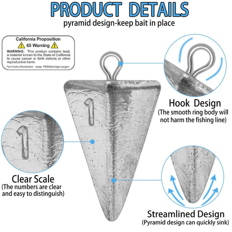 Pyramid Sinkers Fishing Weights Kit for Saltwater Surf Fishing Lead Sinkers Set in 1oz 2oz 3oz 4oz Quick Submersion Rock Solid Hold
