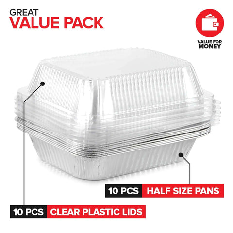 Stack of 10 Heavy Duty 9x13 Aluminum Baking Pan With Lids 10 Pack Built Tough Durable Rectangular Tray For Lasagna And More Clear Dome Cover Keeps Your Food Fresh