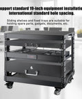 Built Different Pro Rig Open Frame Server Rack With Smooth Roll Wheels Free Standing Network Cabinet For Servers And Av Equipment Black 9U with sliding shelves