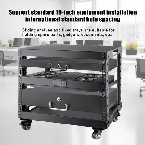 Built Different Pro Rig Open Frame Server Rack With Smooth Roll Wheels Free Standing Network Cabinet For Servers And Av Equipment Black 9U with sliding shelves