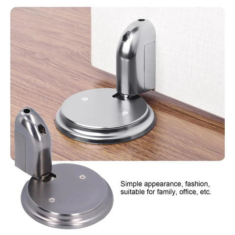 Get Your Door Locked Tight With This Sleek Push Type Door Stop Catch Made From Heavy Duty Zinc Alloy. Black Finish Fits Any Spot. Two Piece Design Holds Doors Wide Open So You Can Chill Without Nudging Walls Or Hurts Fingers And Keeps Your Space Safe.  Close-up of a black zinc door catch with round base, designed to hold doors open securely.