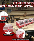 Four Piece Screw And Nail Organizer Set With Lids on workshop table showing red plastic storage bins with clear lids.