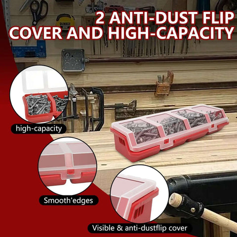 Four Piece Screw And Nail Organizer Set With Lids on workshop table showing red plastic storage bins with clear lids.