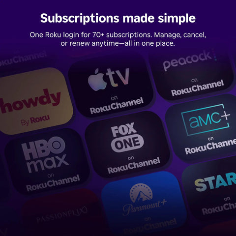 Subscriptions made simple for streaming apps; includes multiple logos on a platform for easy access to 70+ services.