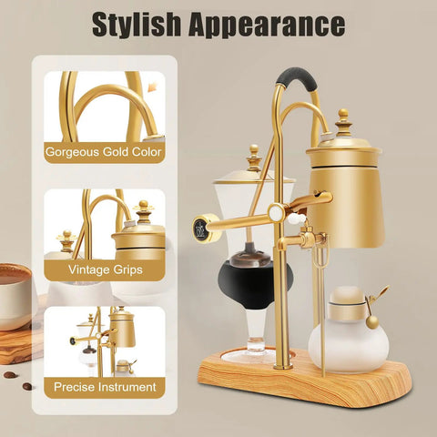 Belgian Style Balance Siphon Coffee Maker With Gravity Vacuum Brewing System, Borosilicate Glass And Stainless Steel Construction, Gold Finish