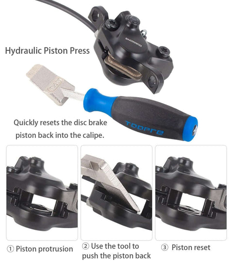 Hydraulic Piston Press For Bike Disc Brakes Repair Kit, 4-piece set with rotor truing fork and disc gap regulators, close-up view